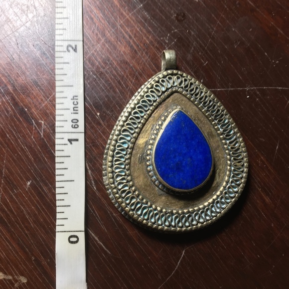 SOLD-Lapis teardrop pendant, silver and brass colored setting - Picture 3 of 3